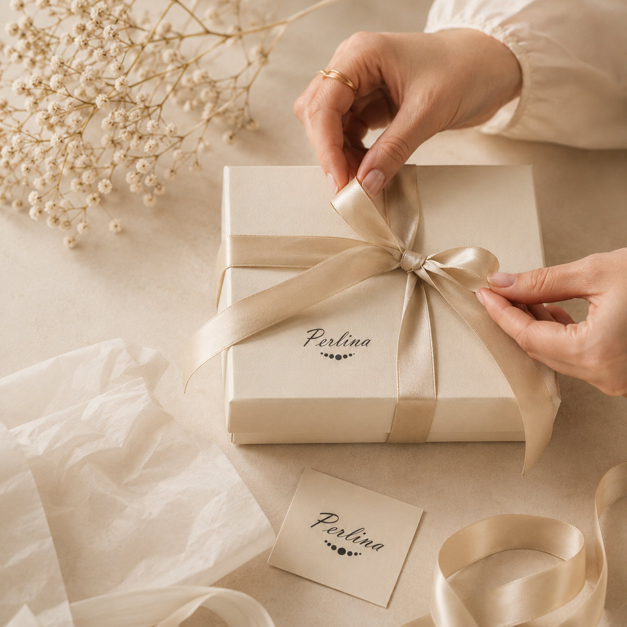 Detail elegantního dárkového balení PERLINA
